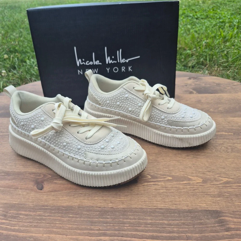 Nicole Miller New York Brita Pearl Multi Platform Sneakers Women 7 Pearl Studded